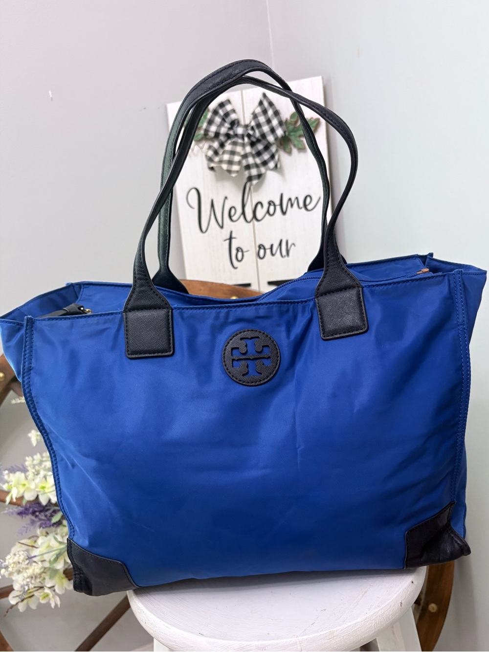 Tory Burch Royal Blue Nylon Tote with Black Leather Trim